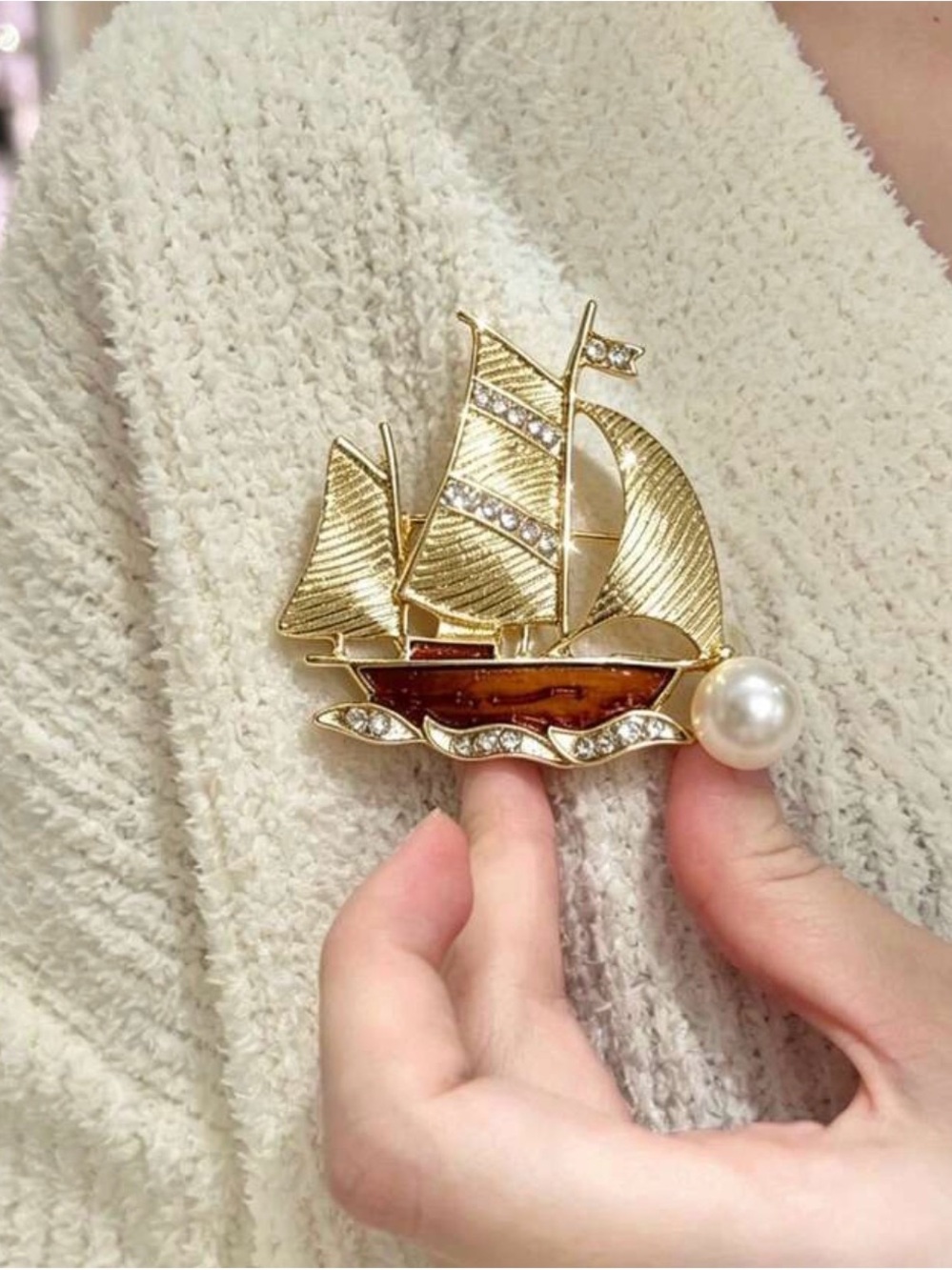Gold-Tone Sailboat Brooch with Faux Pearl and Amber Accent